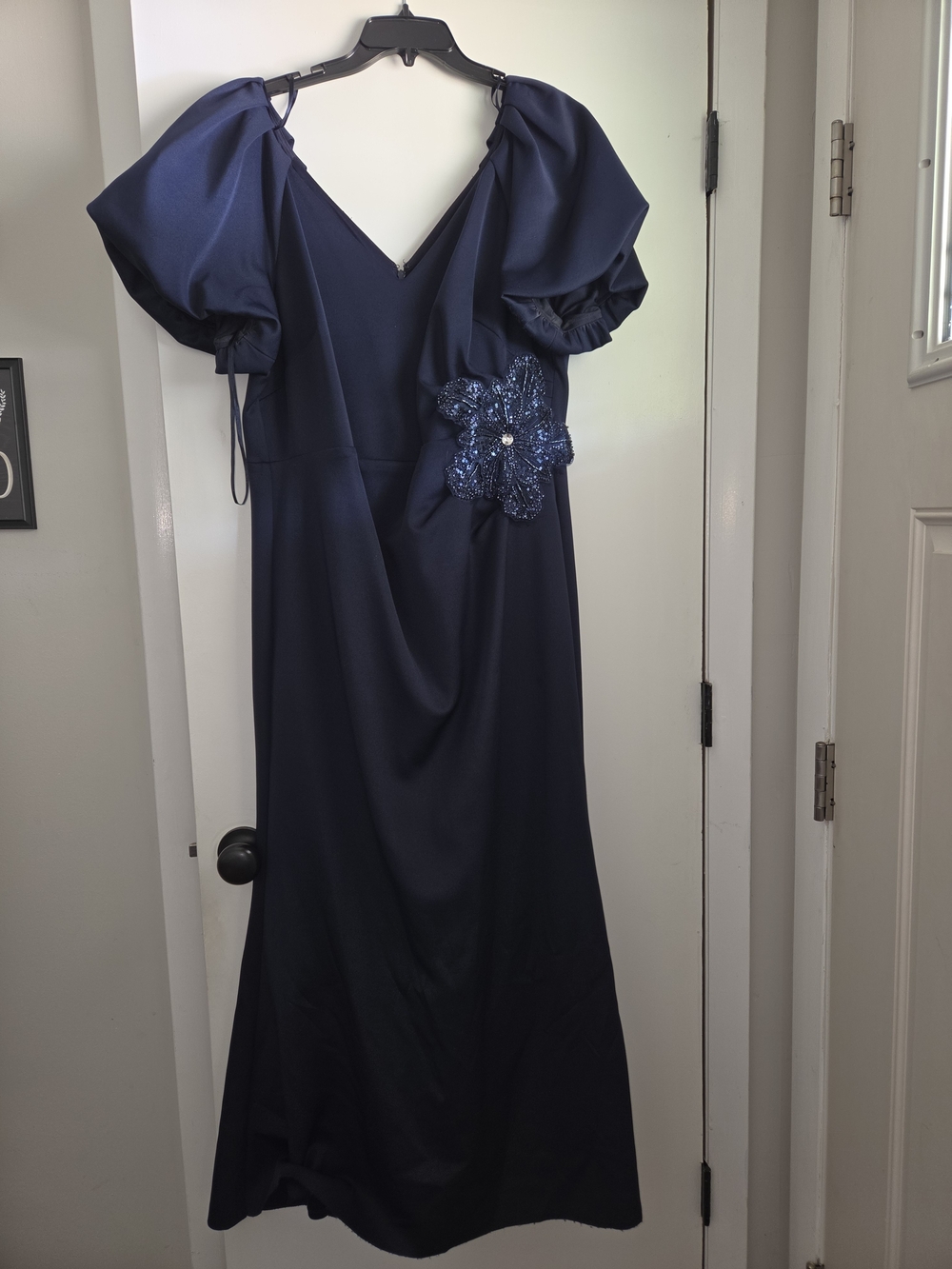 Eliza J Midnight Navy Puff-Sleeve Evening Gown with Floral Appliqué